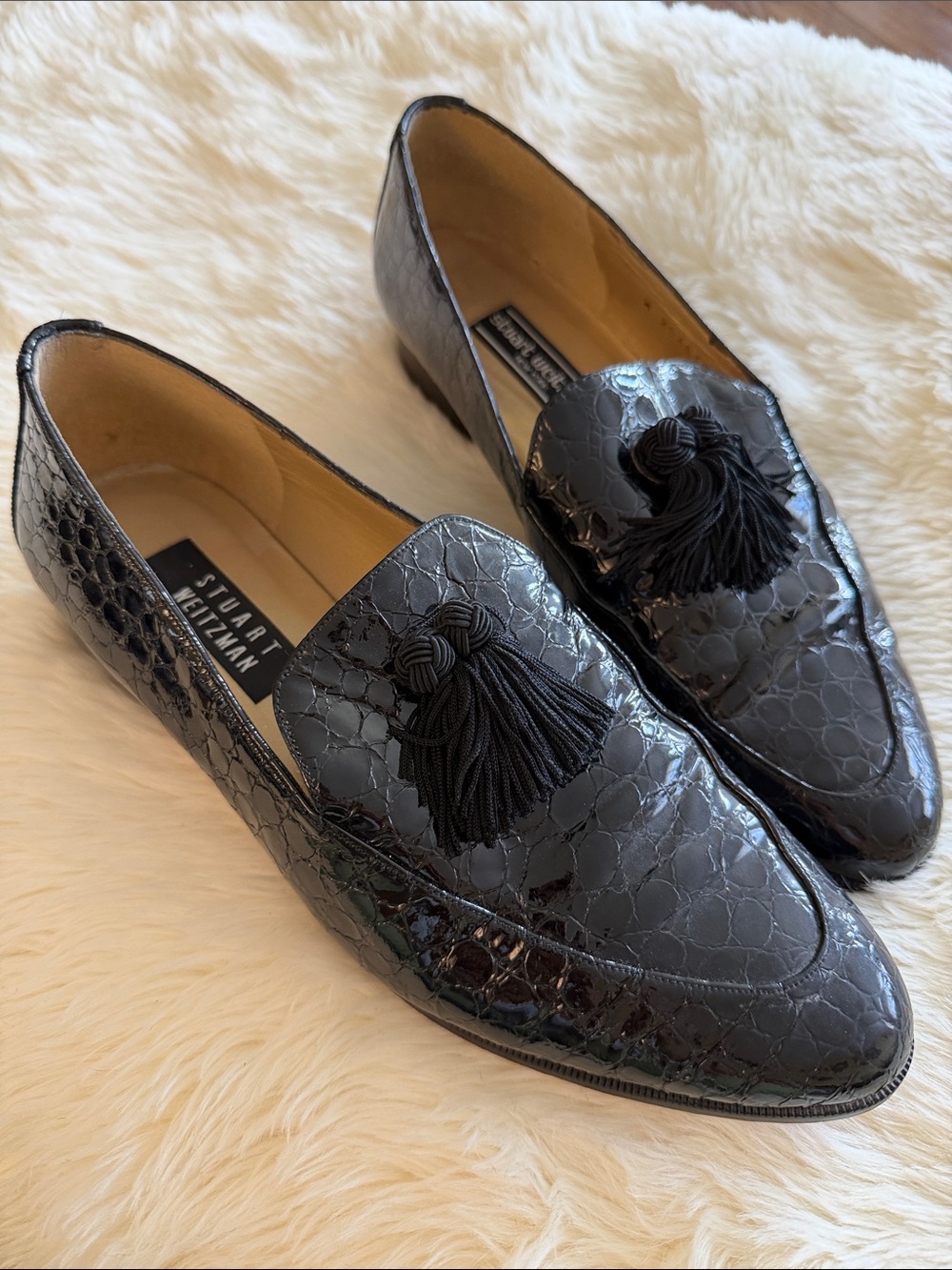 Stuart Weitzman Black Croc-Embossed Leather Tassel Loafers